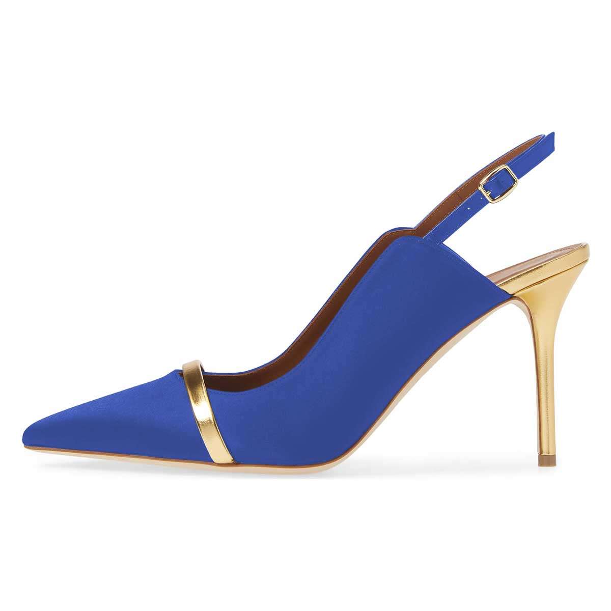 GOOSHOE Blue Gold Strap Pointy Toe Slingback Stiletto Heel Pumps
