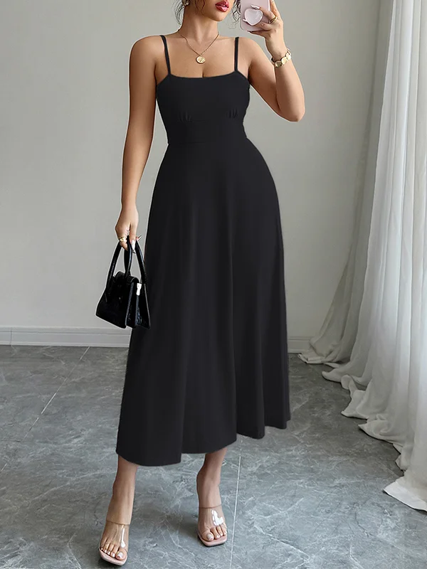 Solid Color Pleated Backless Sleeveless Loose Spaghetti-Neck Midi Dresses