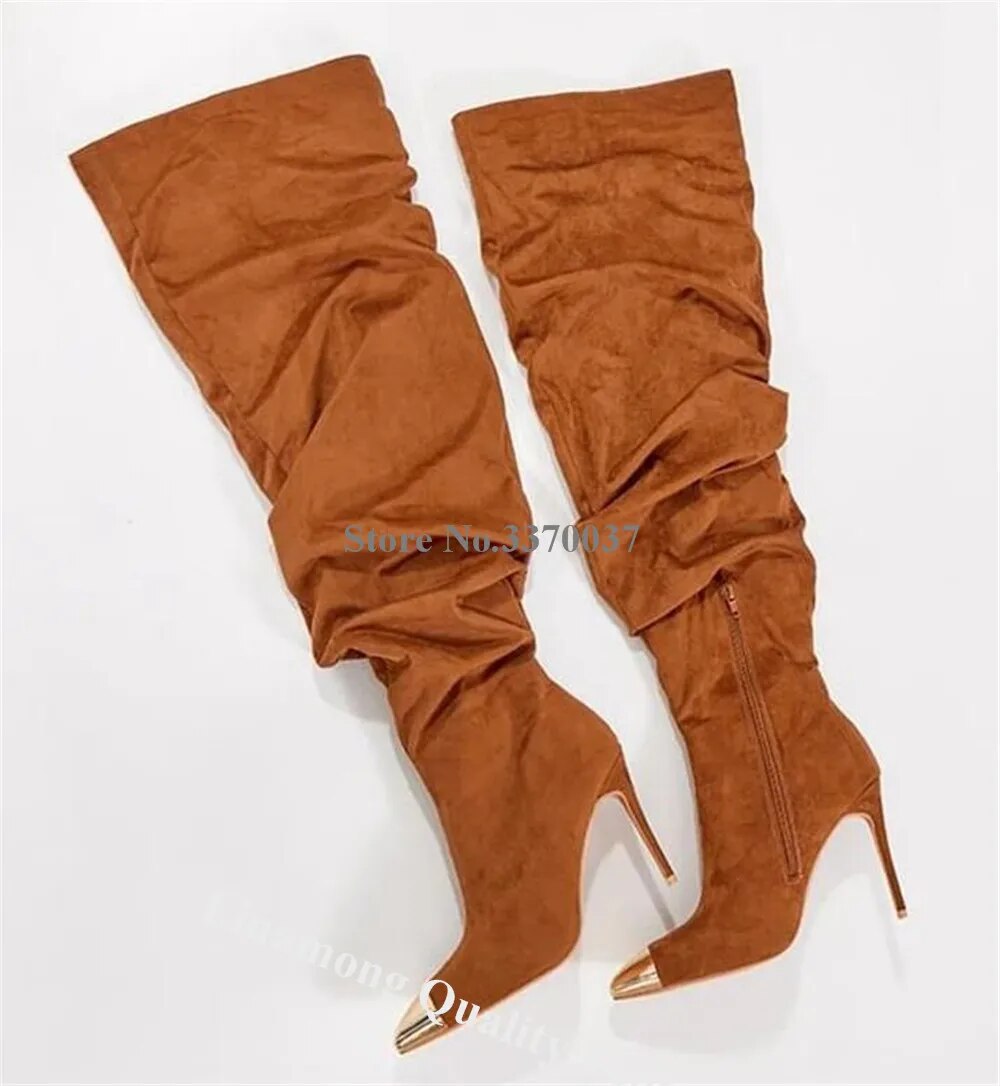 VCSHOES Metal Gold Toe Patchwork Brown Suede Over Knee Boots Pointed Toe Loose Thin Heel Long Boots Big Szie Boots