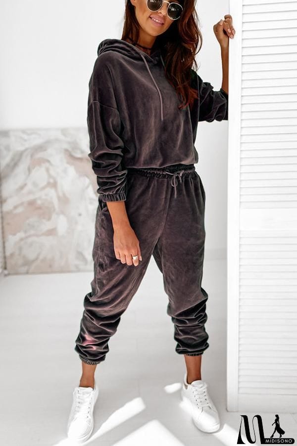 MidiSono - Velvet Drawstring Hooded Joggrt Set