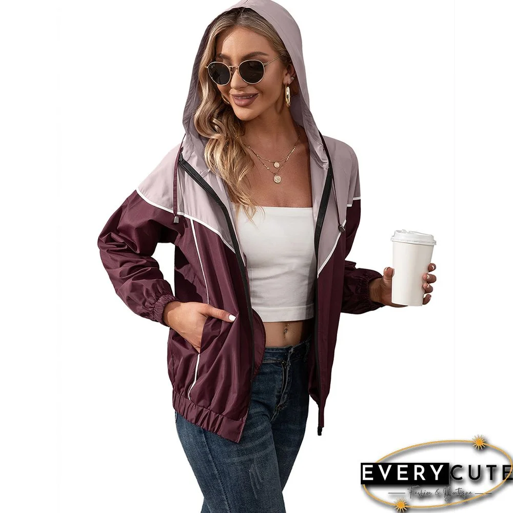 Wine Red Contrast Outdoor Rainproof Hooded Jacket