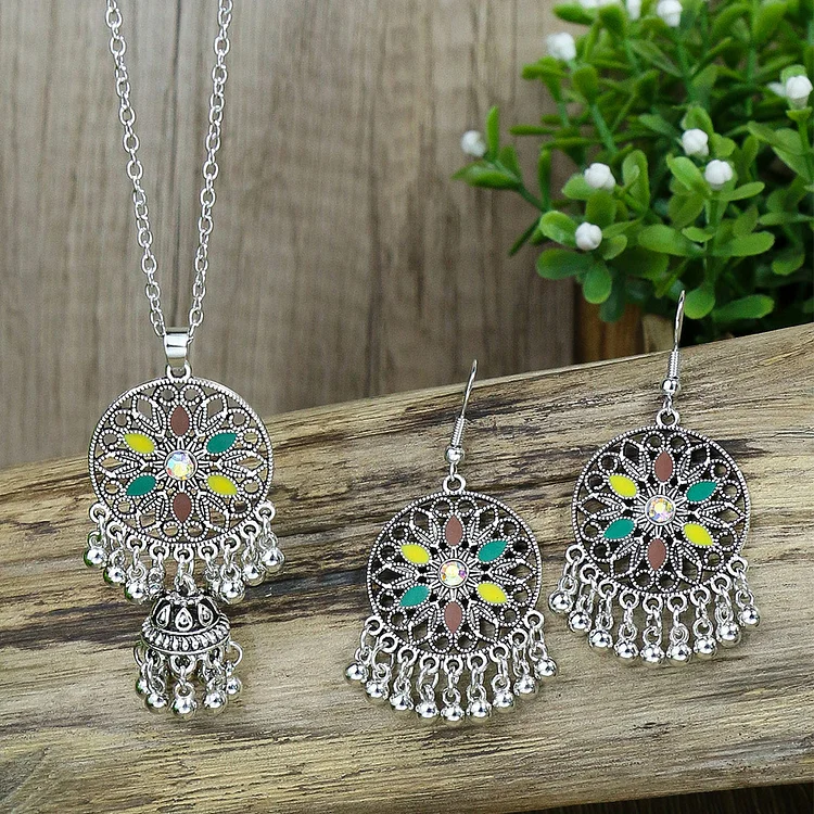 Female Bohemian Tassel Pendant Diamond Earrings Necklace Suit