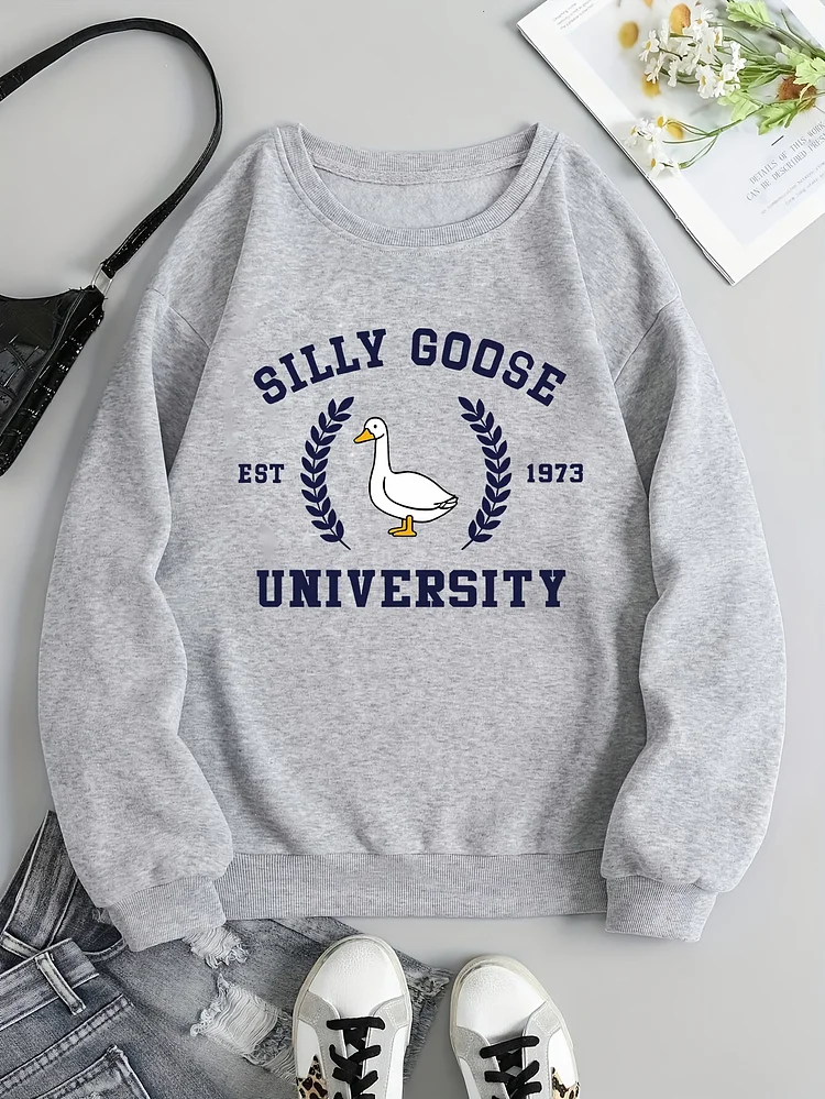 Soft Texture] Silly Goose University Graphic Sweatshirt - Women's Casual Long Sleeve Crewneck Pullover, Gray With Blue Print, Soft Polyester Knit, Machine Washable, Cute Sweatshirt