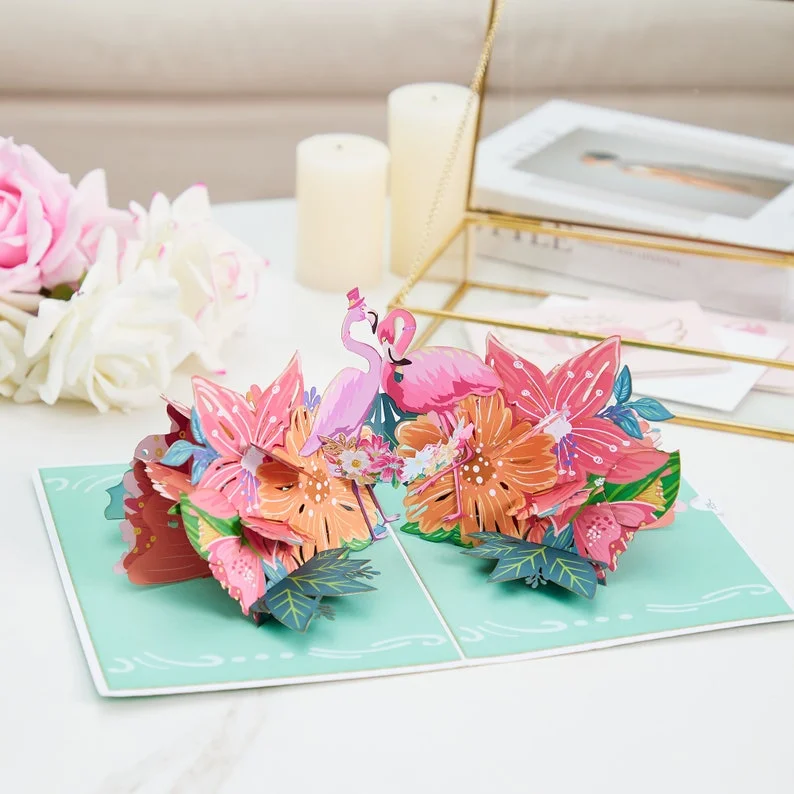 Flamingo Flowers Pop-up Card, Mothera's Day Card,Valentine's day Pop Up Card, Anniversary ,Gift For Her, Sweet Card For Girl Friend