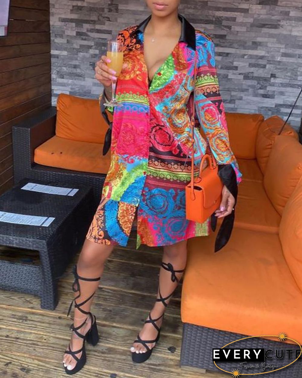 Scarf Print Buttoned Long Sleeve Shirt Dress