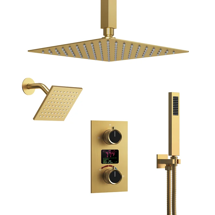 EVERSTEIN LCD Temperature Display Rainfall Shower System in Brushed Gold SFS-1033-GD12