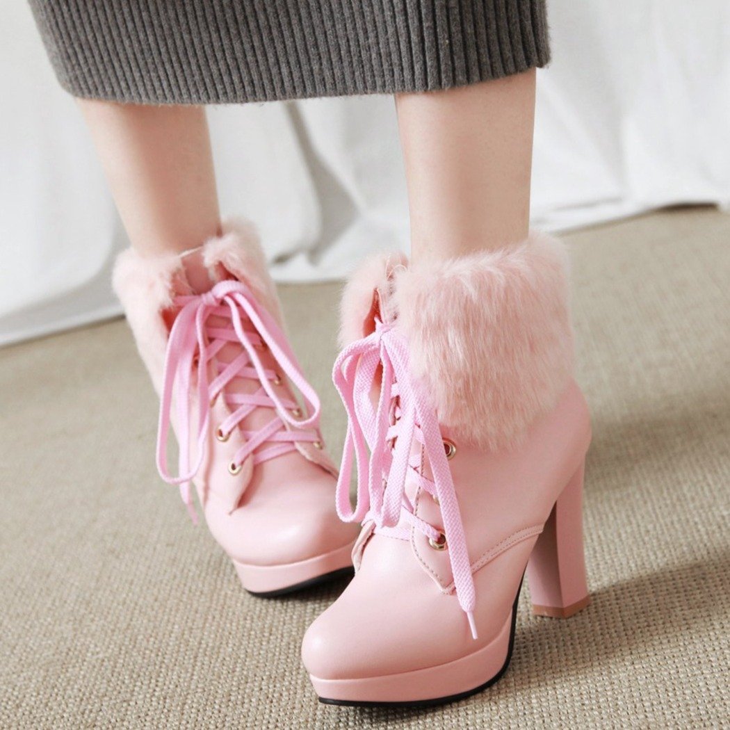 Winter fuzzy fold down front lace chunky high heel combat boots