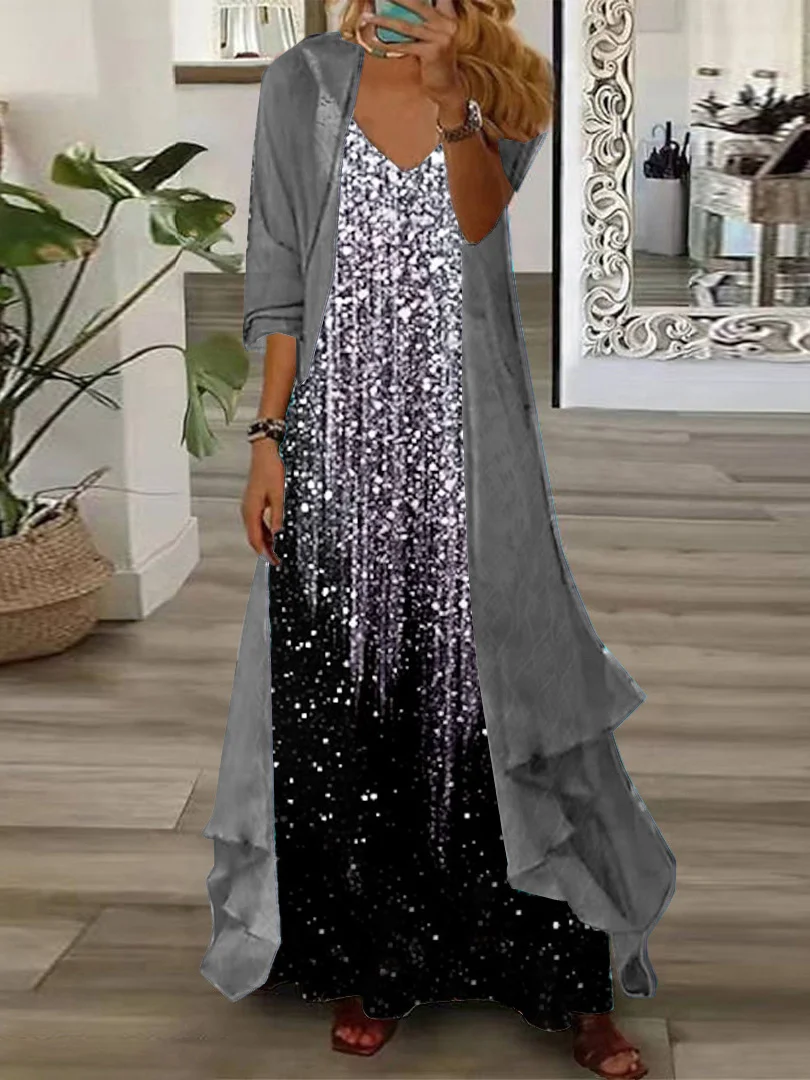 Women's Long Sleeve V-neck Gradient Printed Two Pieces Maxi Dress