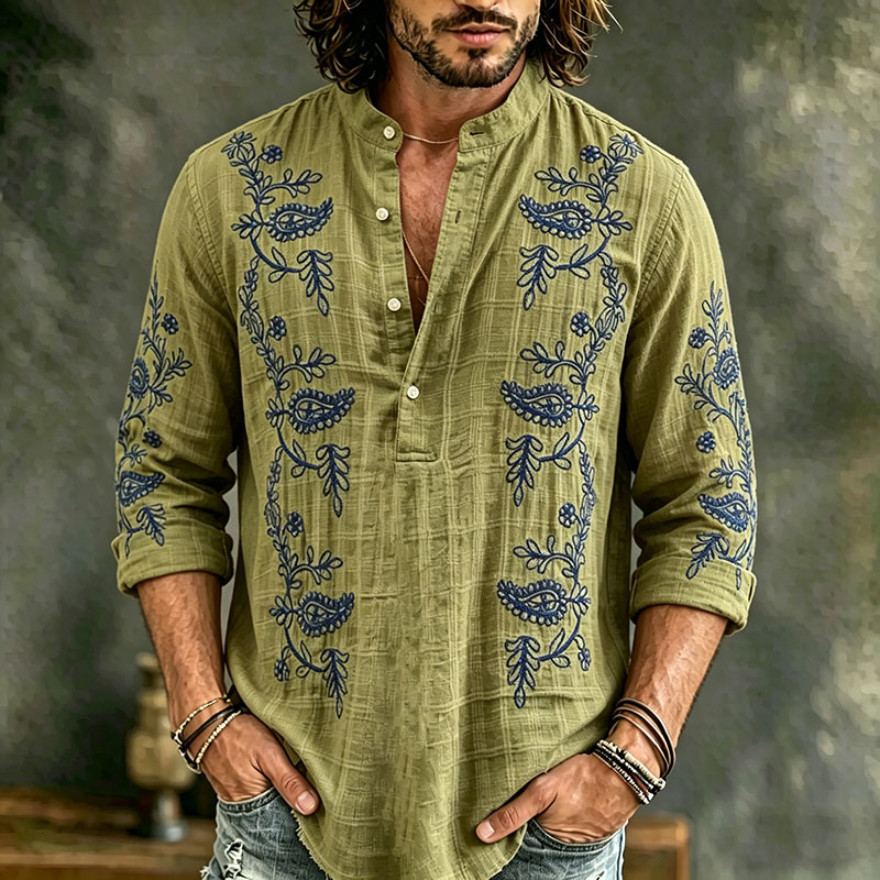 Comstylish Men's Vintage Floral Embroidered Art Print Flowy Linen Blend Casual Shirt