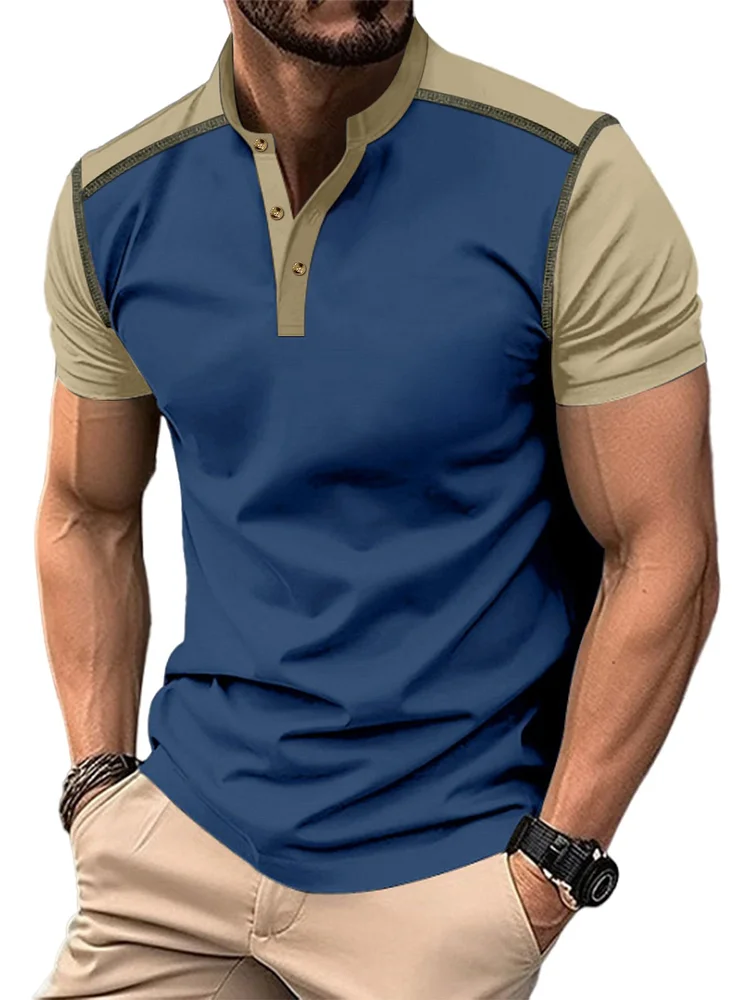 Men's Casual Contrast Button Short Sleeve Henley Shirt