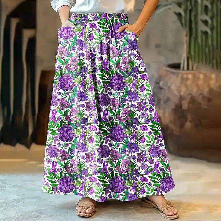 Women's Purple Flowers Embroidery Art Linen Blend Skirt