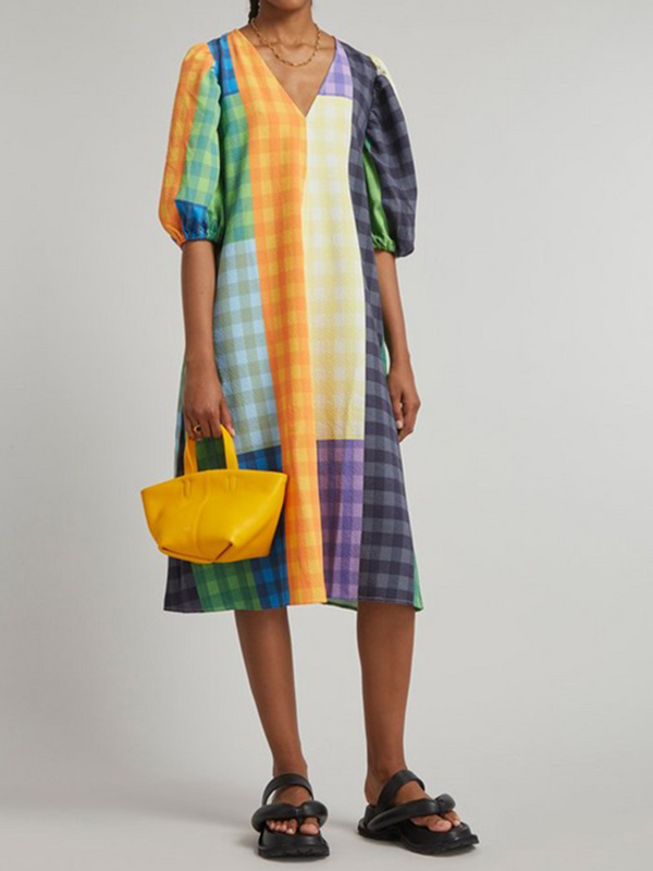 Loose V Neck Plaid Prined Midi Dress