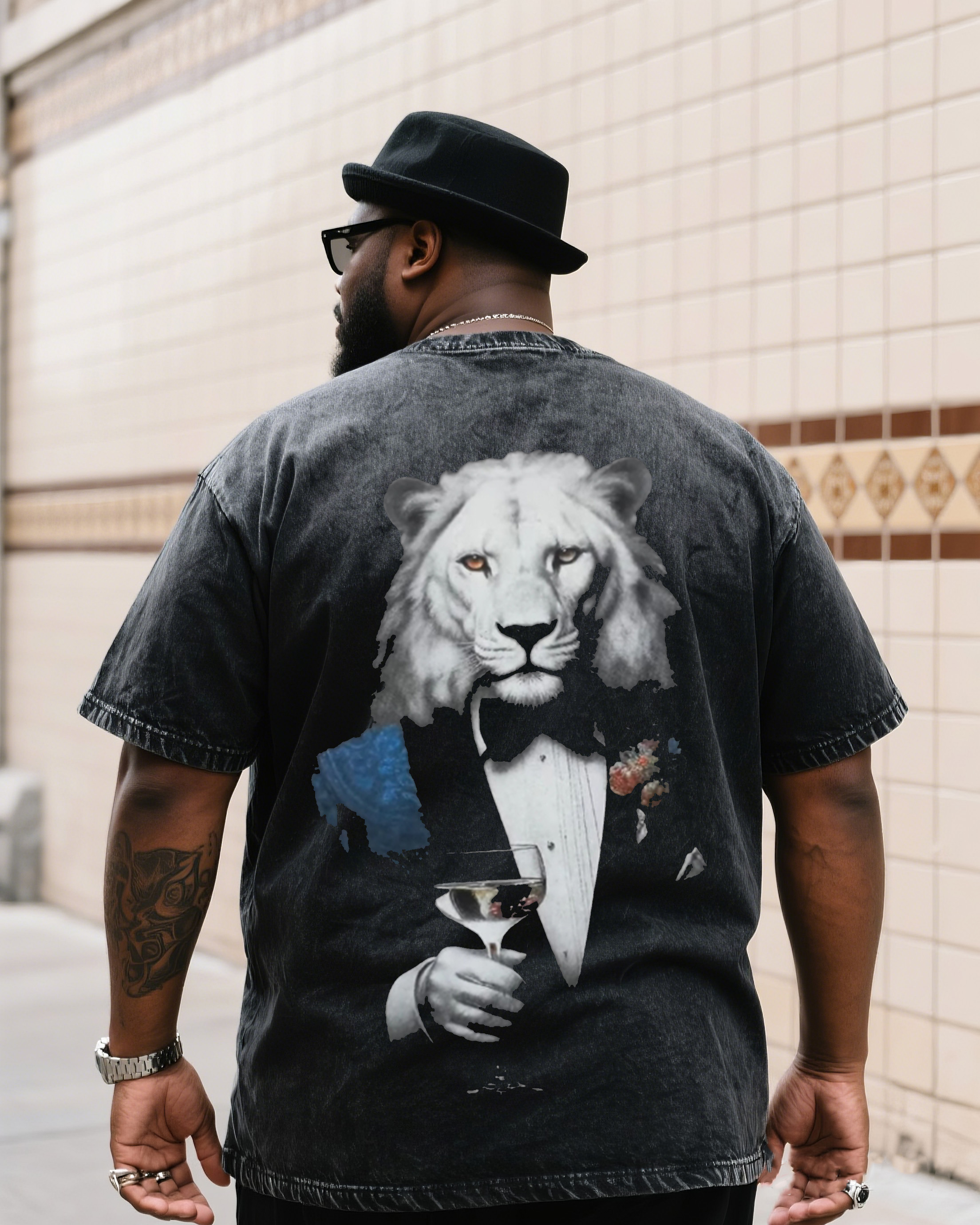 Plus Size Men's Lion Print Denim Short Sleeve T-Shirt