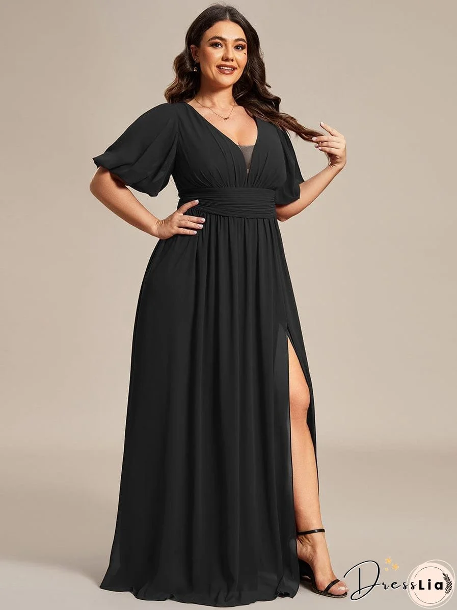 Elegant Deep V-Neck A-Line Bridesmaid Dress with Half Puff Sleeves
