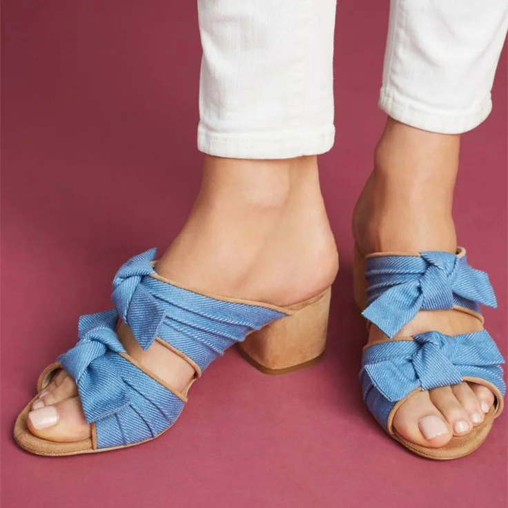 Blue Denim Open Toe Block Heel Bow Mules Sandals |FSJ Shoes