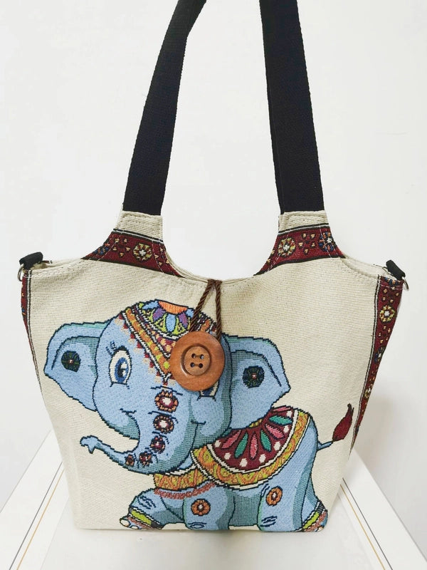 Women’s Large Canvas Elephant Ethnic Style Square Zipper Shoulder Bag