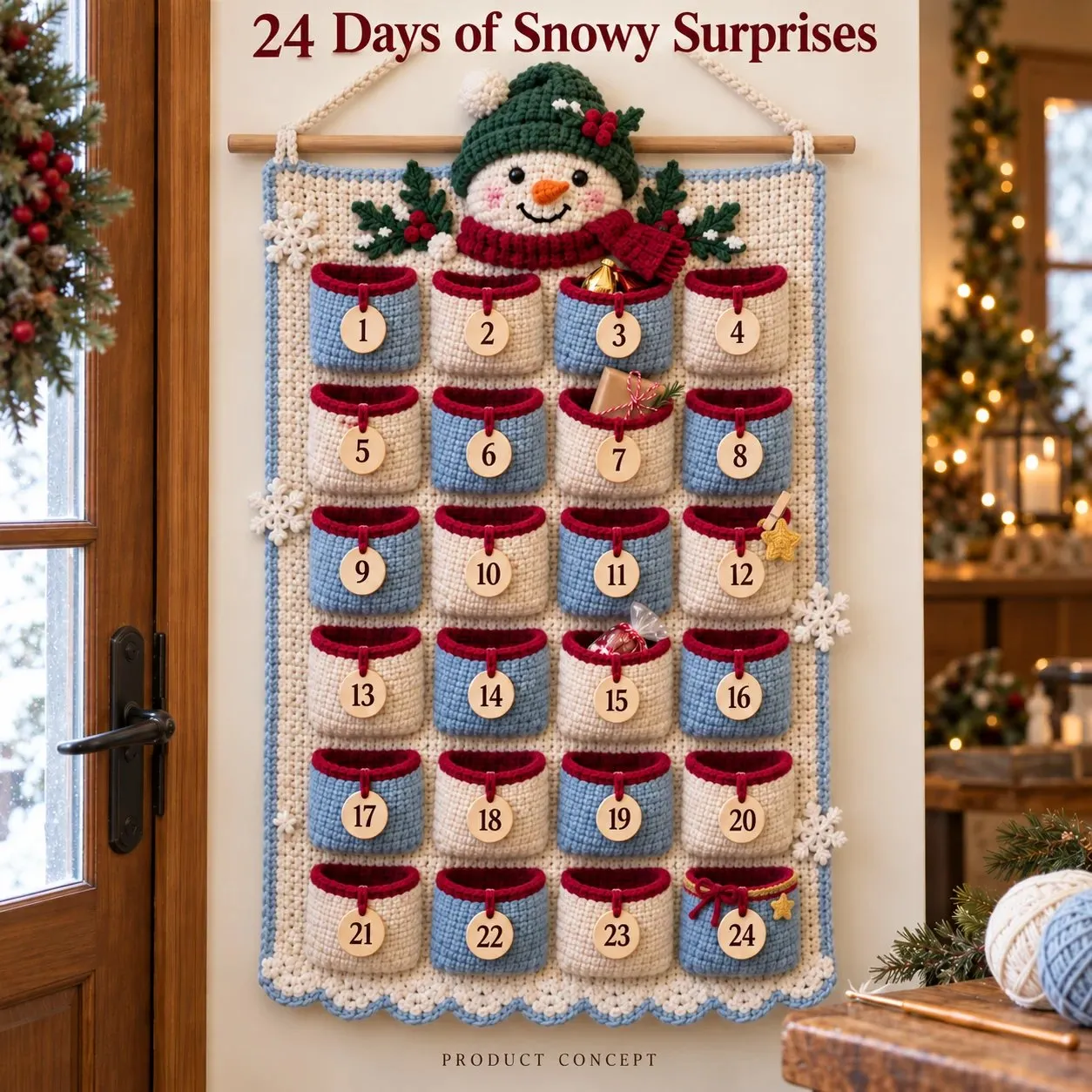 Finished snowman design of the crochet Advent calendar
