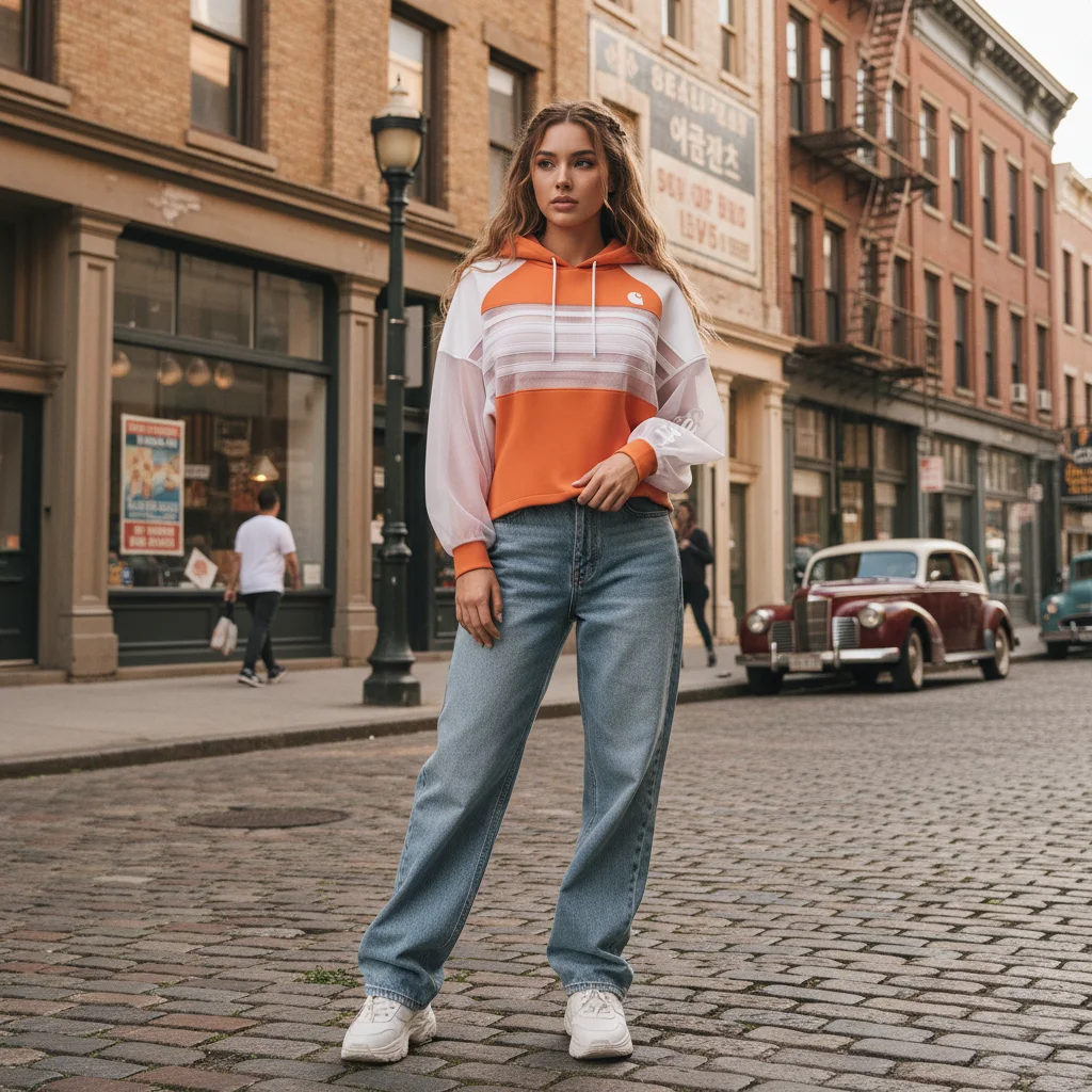 Women's Hoodie Orange White Color Block Mesh Patchwork Cropped Sweatshirt