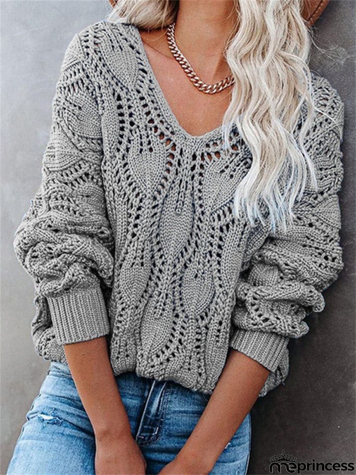 Fashion Hollow Design Casual Solid Color V-Neck Knitted Pullover Sweater