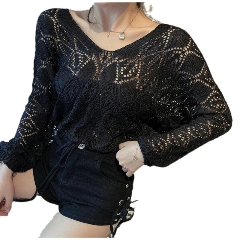 Toloer Toloer 2024 New Back Chain Jacket With Sunscreen Thin Top Hook Flower Hollow-Out Knit Sweater-Outfit Ideas