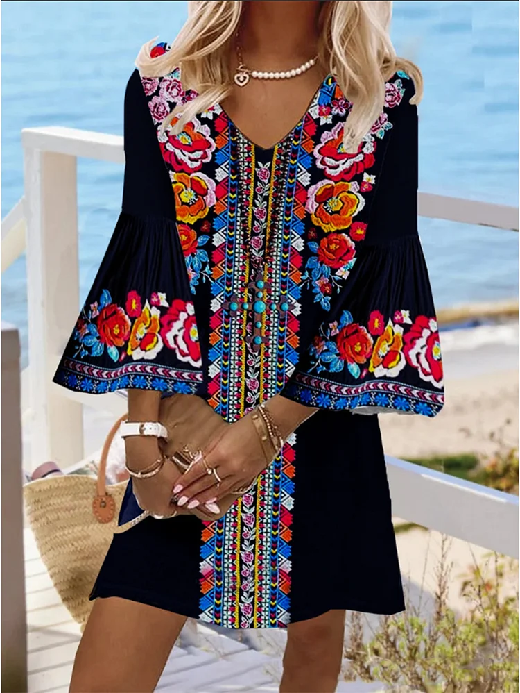 Bohemian Floral V-Neck Bell Sleeve Loose Midi Dress