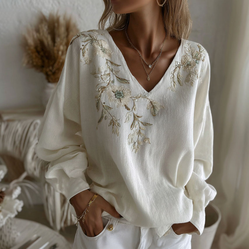 Women's Retro Floral Branch Art Print Linen Blend V-neck Long Sleeve T-shirt elevenforest