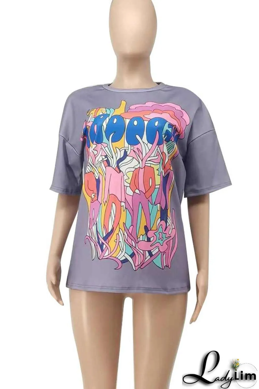 Light Purple Casual Print Patchwork O Neck T-Shirts