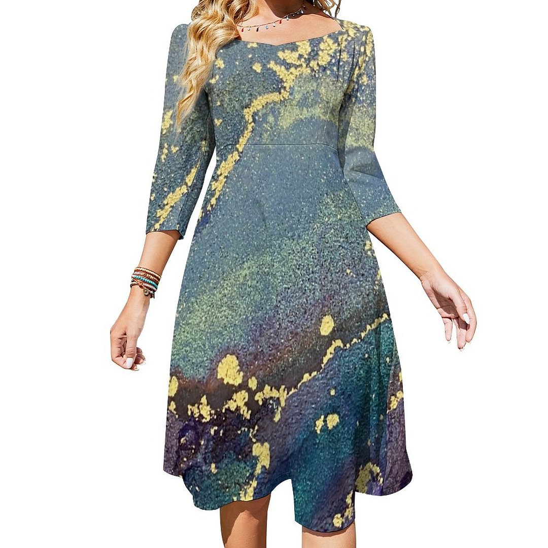 Abstract Alcohol Ink Art Blue Teal And Gold Dress Sweetheart Tie Back Flared 3/4 Sleeve Midi Dresses