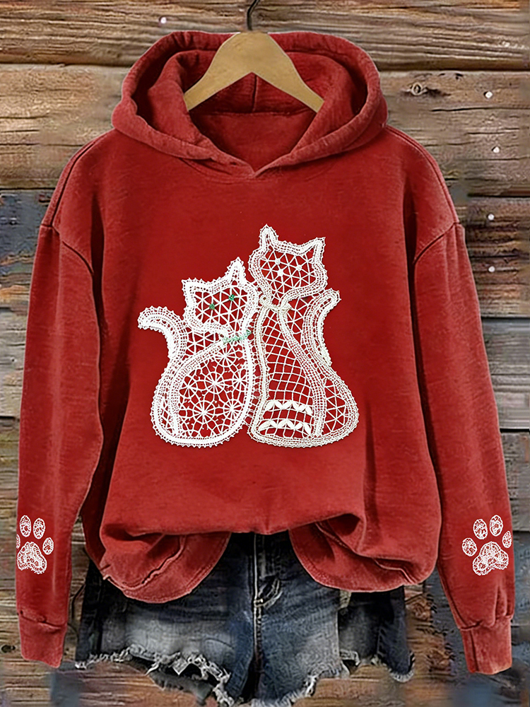 Cute Lace Cats & Paws Pattern Vintage Washed Hoodie wearshes