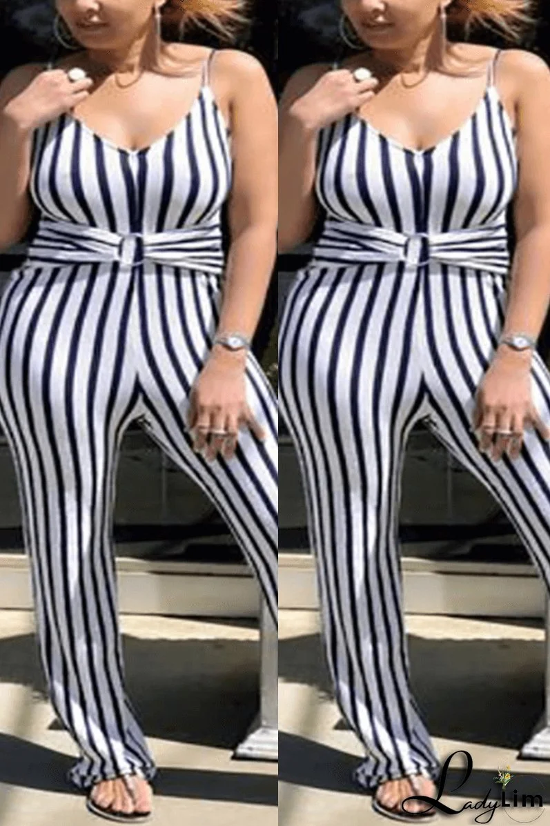 Fashion Sexy Spaghetti Strap Striped Plus Size Jumpsuit