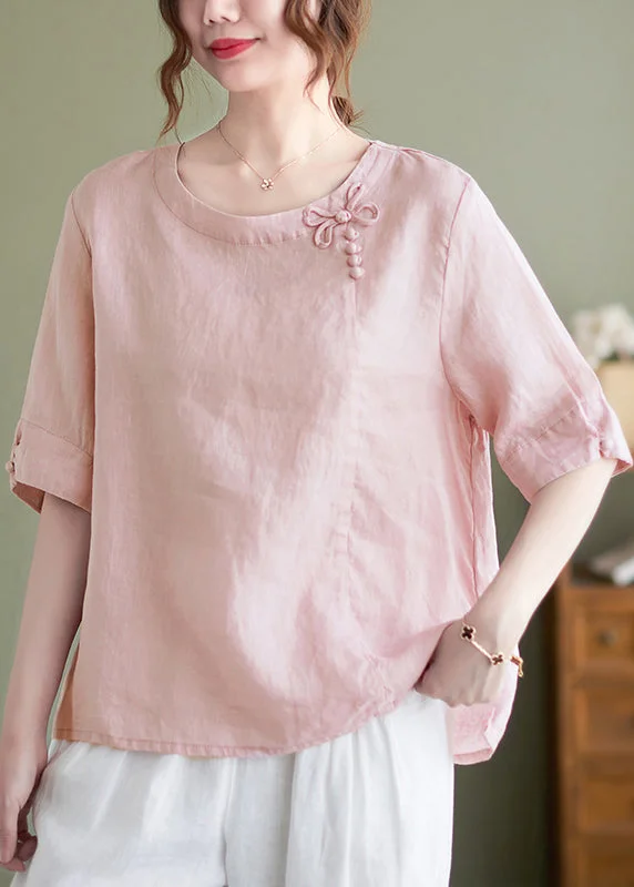 Vintage Pink O Neck Patchwork Cotton T Shirt Summer