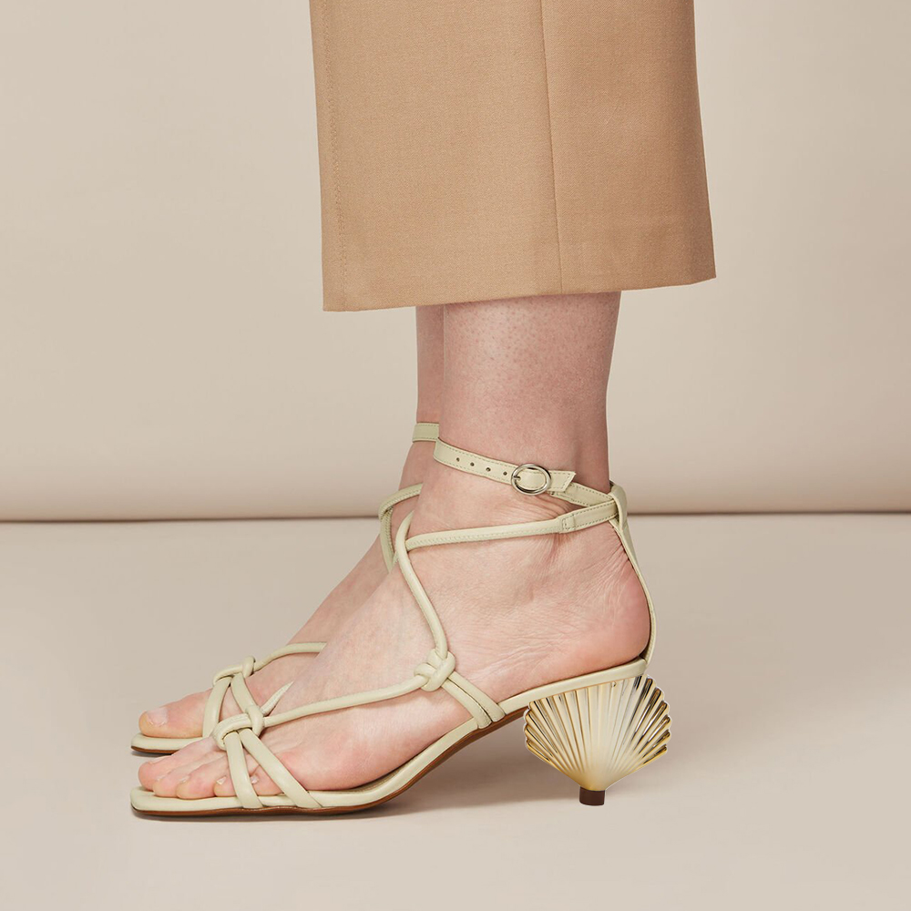 Beige Square Toe Decorative Heel Ankle Strap Sandals Nicepairs