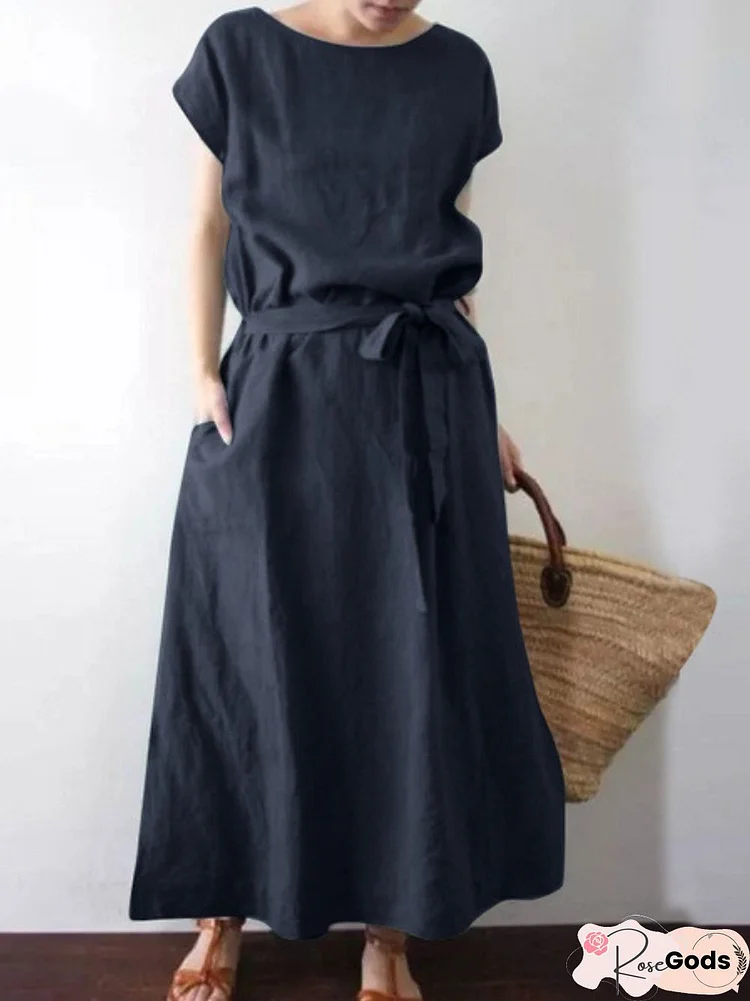 New Summer Women's Fashion Cotton and Linen Dress Loose Bohemian Short Sleeve Round Neck Solid Color Belt Oversized Dresses