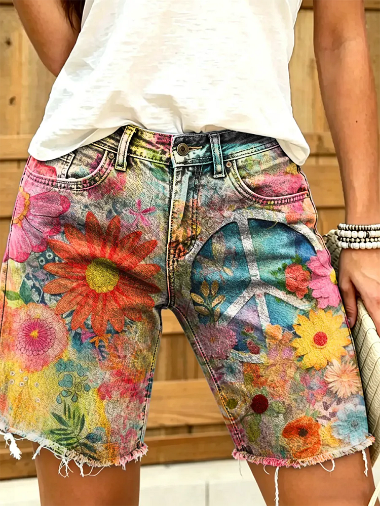 Ethnicity Bohemia Flowers Hippie Women's Art Print Casual Denim Shorts