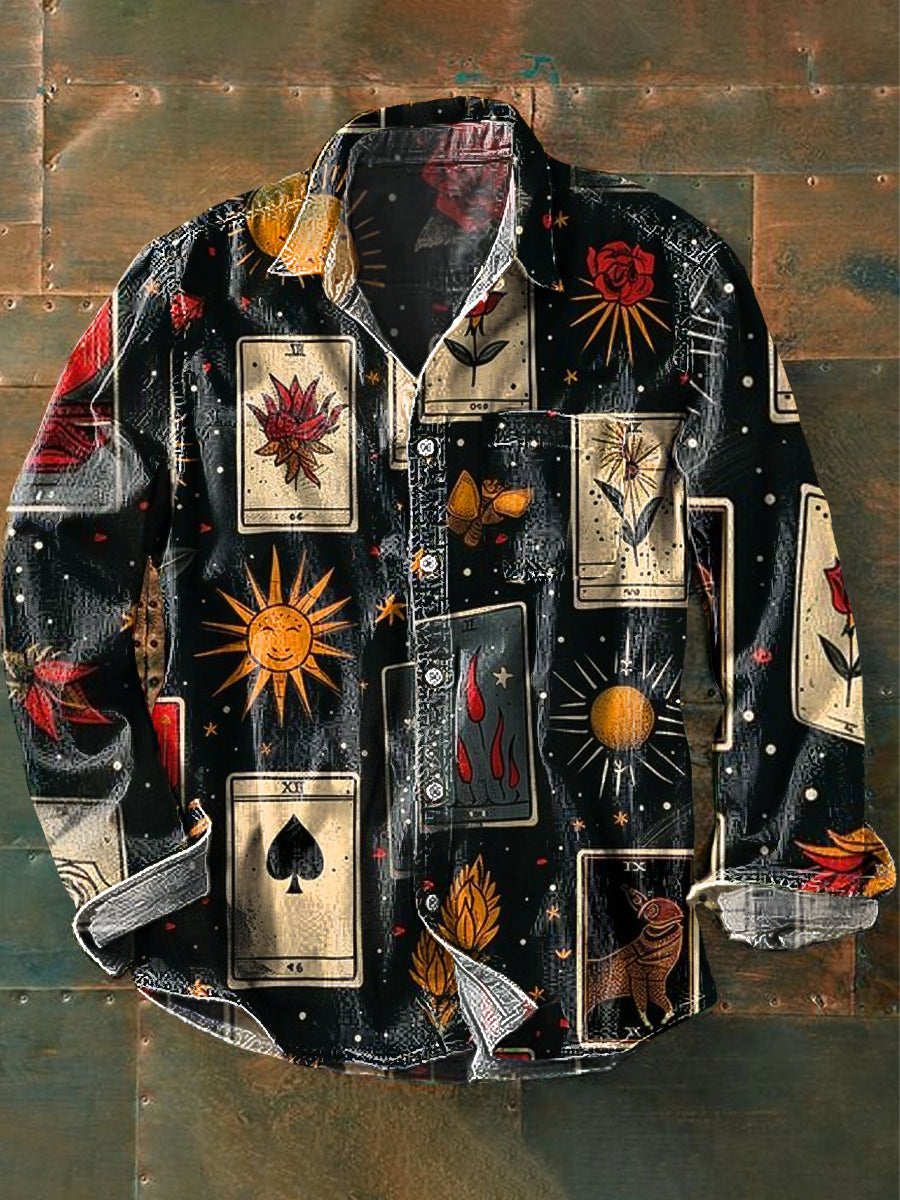 Men's Vintage Floral Poker Sun Art Print Lapel Long Sleeve Pocket Shirt