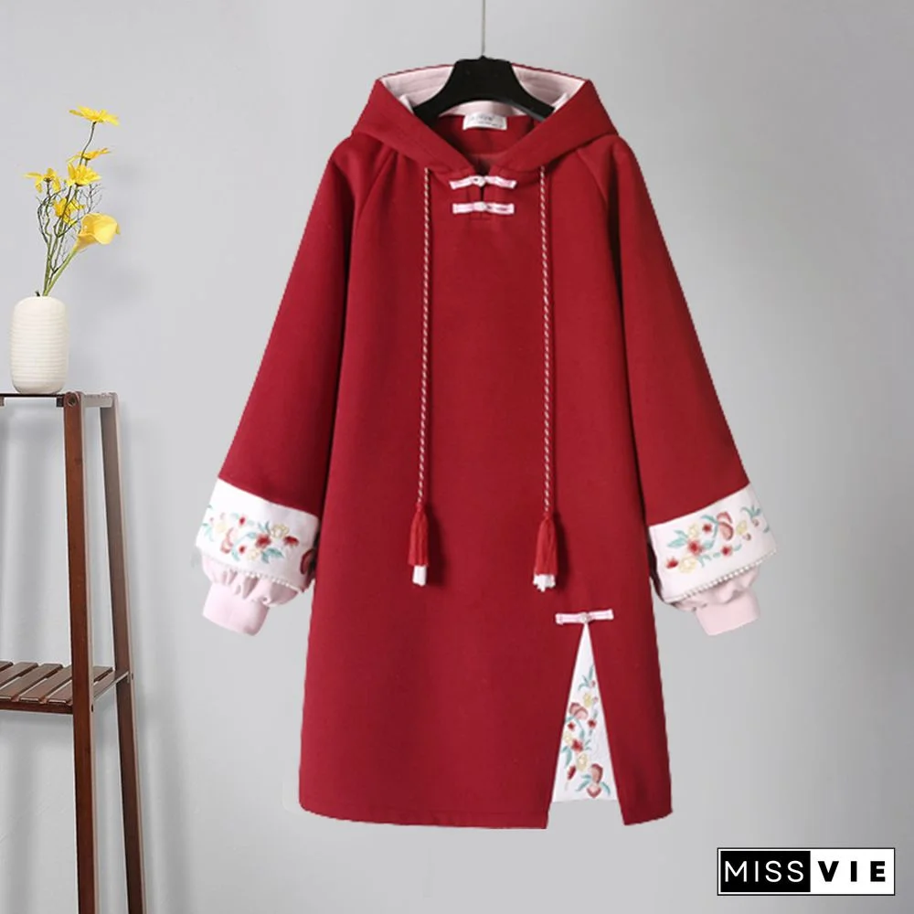 Vintage Crane Embroidery Plush Hooded Sweatshirt Dress