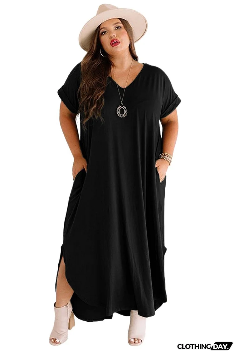 Plus Size V Neck Short Sleeve Maxi Dress with Slits