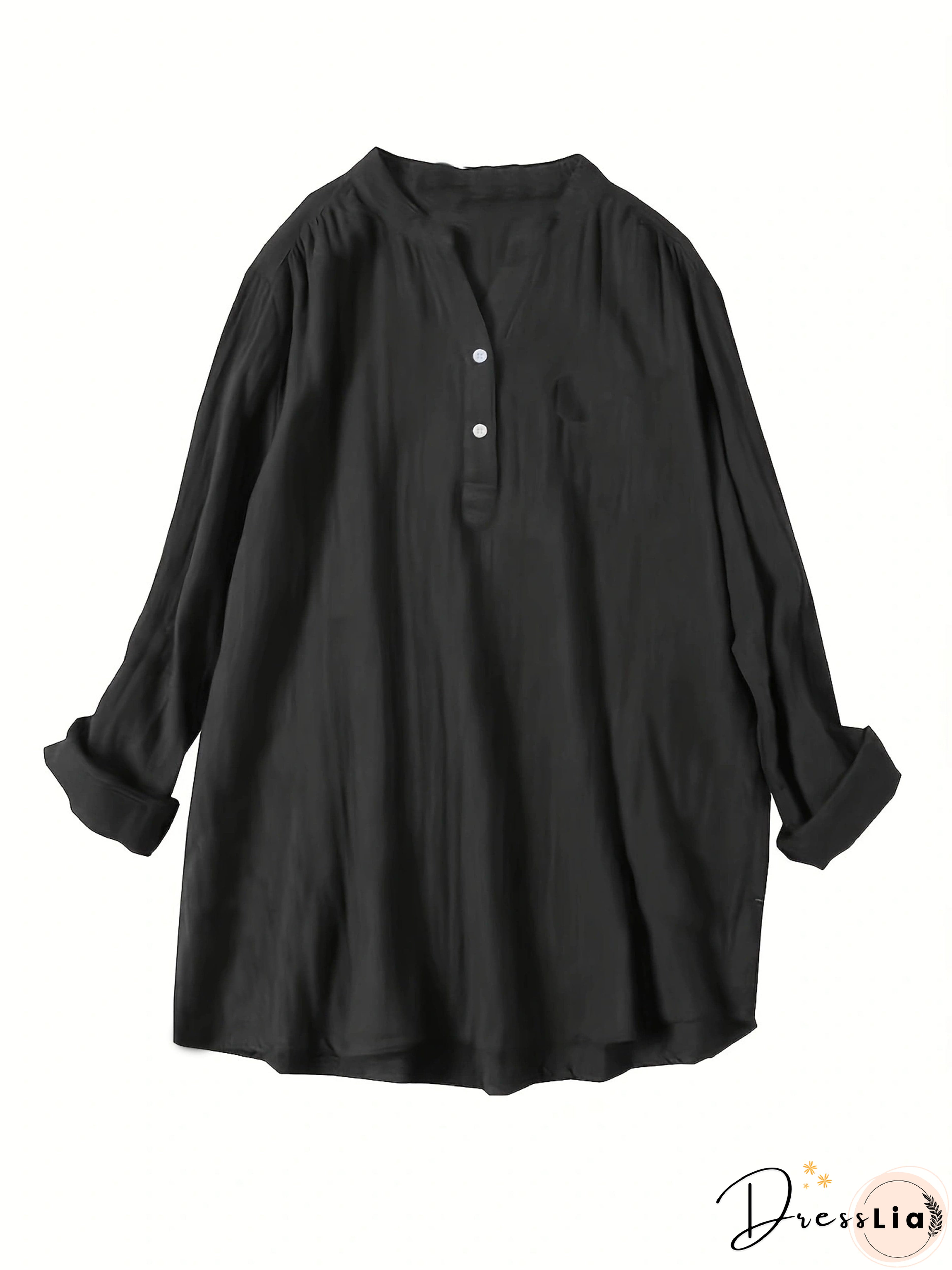 Plus Size Casual Blouse, Women's Plus Solid Long Sleeve Notched Neck Ruched Back Round Hem Slight Stretch Henley Blouse With Pocket