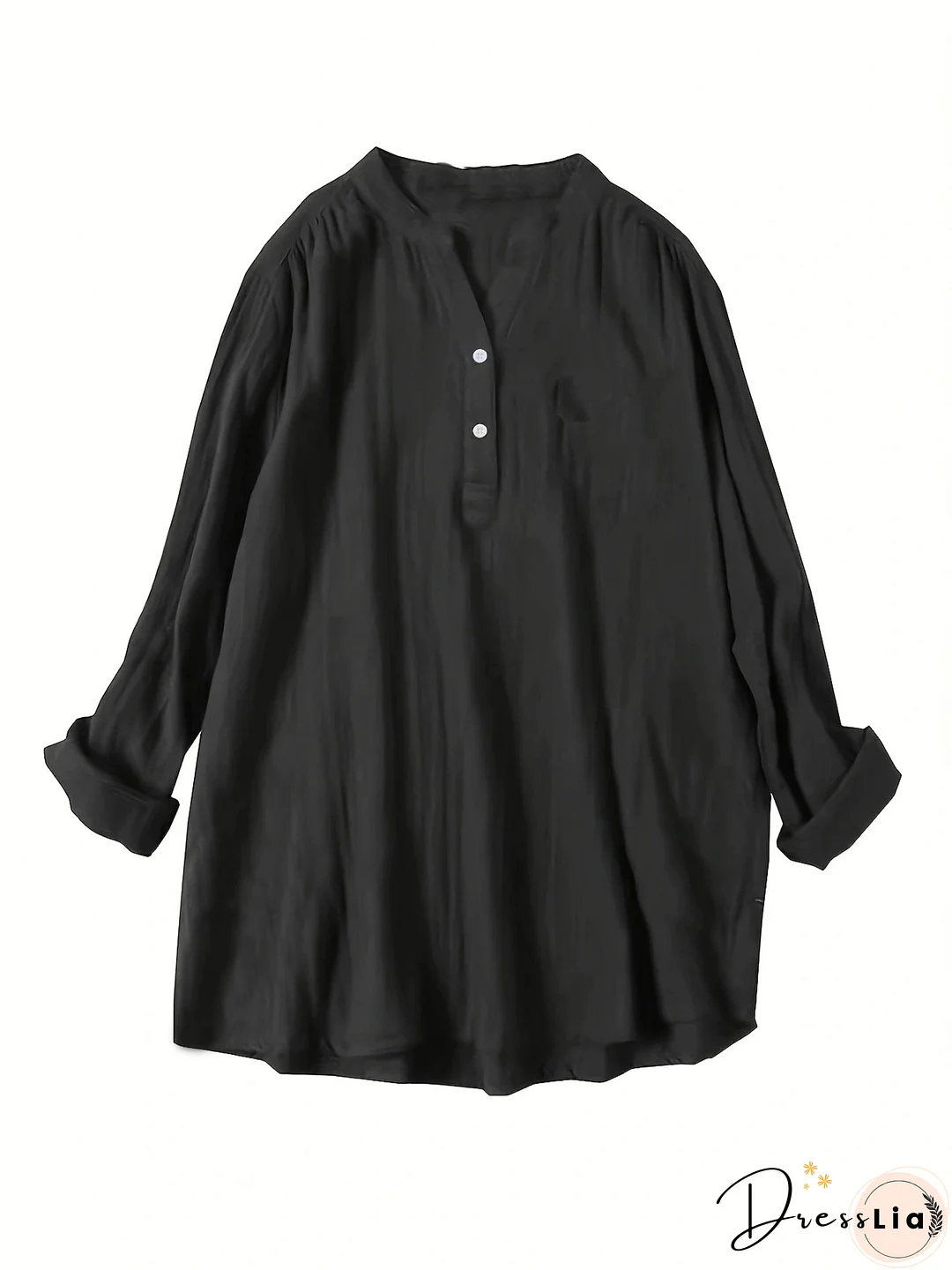 Plus Size Casual Blouse, Women's Plus Solid Long Sleeve Notched Neck Ruched Back Round Hem Slight Stretch Henley Blouse With Pocket