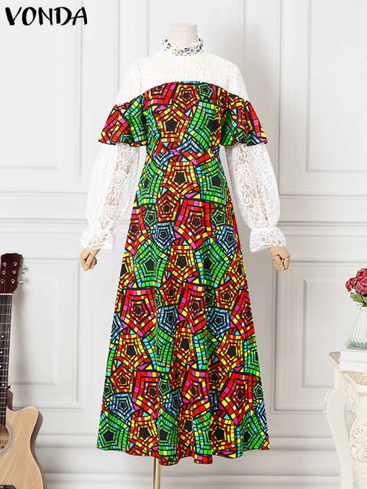 VONDA Evening Party Dress 2022 Summer High Neck Women Long Sleeve Lace Patchwork Vintage Printed Bohemian Pleated Maxi Dresses