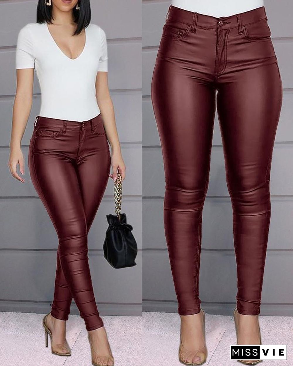 Solid Buttoned Casual Coated PU Pants P14927