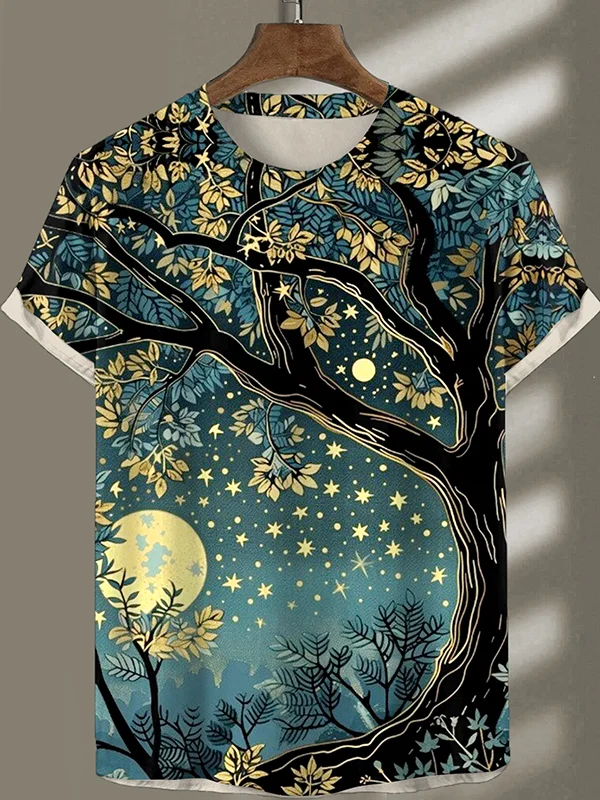 Men's Shining Moon Phase Night Tree Of Life Art Print T-Shirt