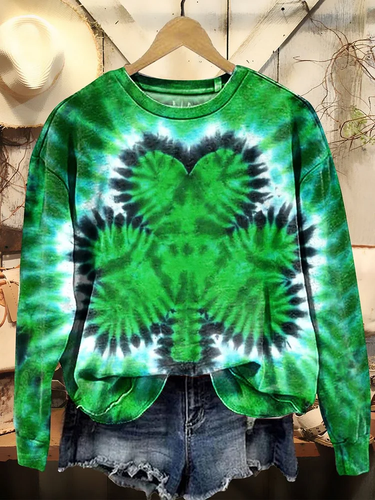 St. Patrick's Day Tie-Dye Shamrocks Print Casual Crew Neck Sweatshirt