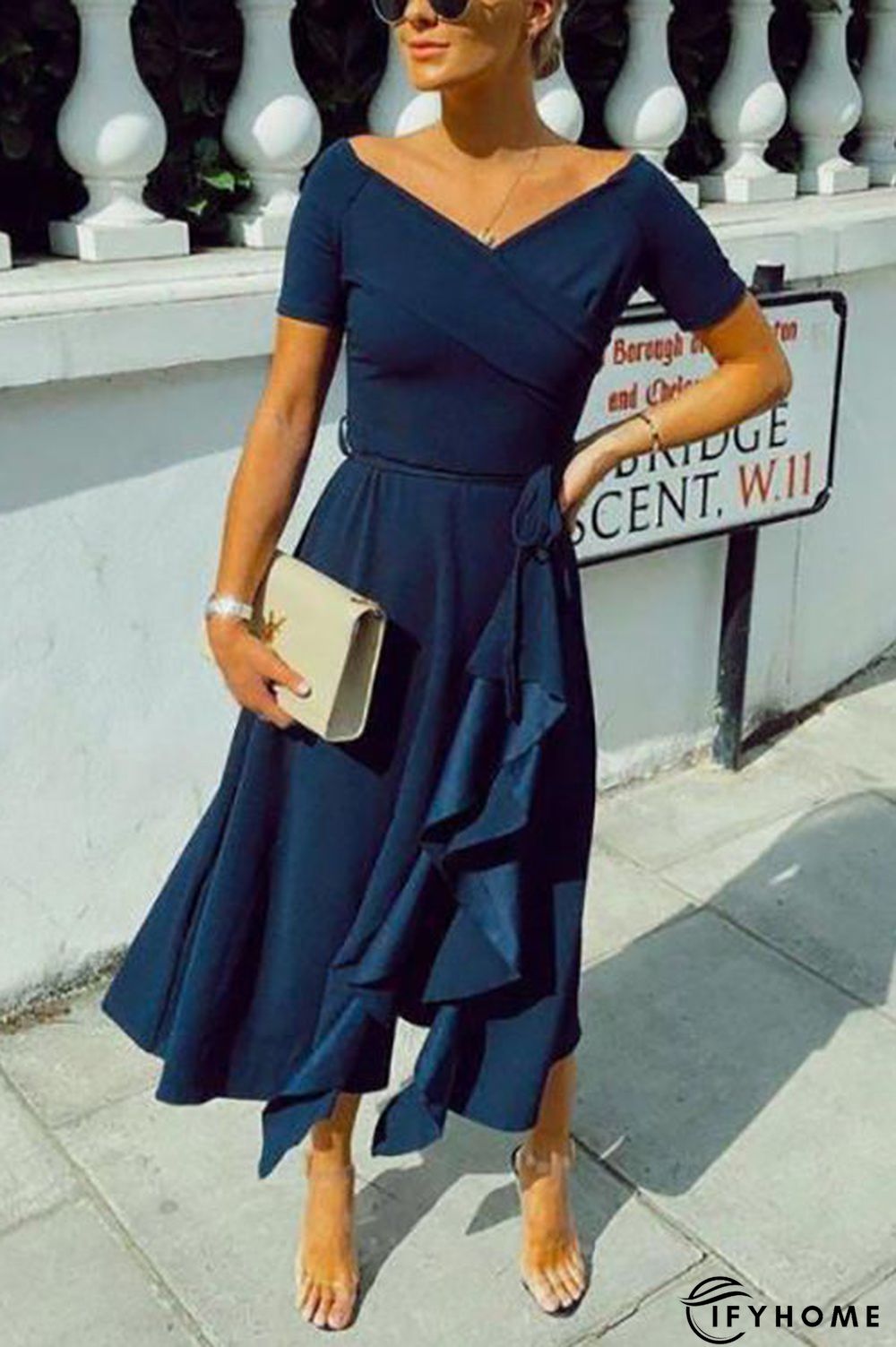 Off Shoulder Frill Belted Midi Dress | IFYHOME