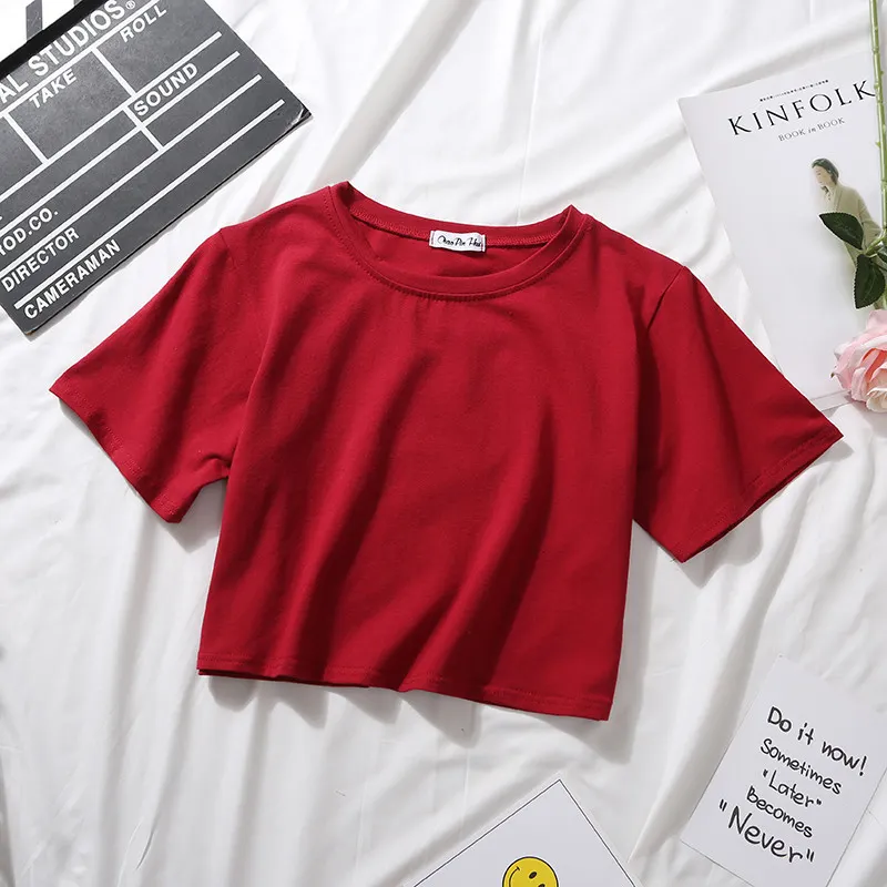 Churchf Churchf Top White Short T-Shirt Female Summer Short Sleeve Korean Version Pure Color Students High Waist Leakage Navel Loose Versatile