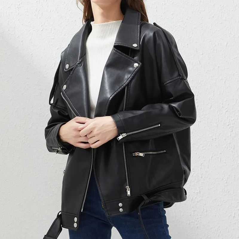 Ailegogo Spring Autumn Oversized Faux Leather Jacket with Belt Women Casual Loose Biker Outwear Female BF Black Leather Coat