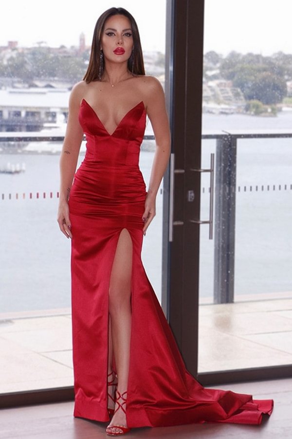 Modern Red V-Neck Split Evening Dress Mermaid Party Gowns - lulusllly