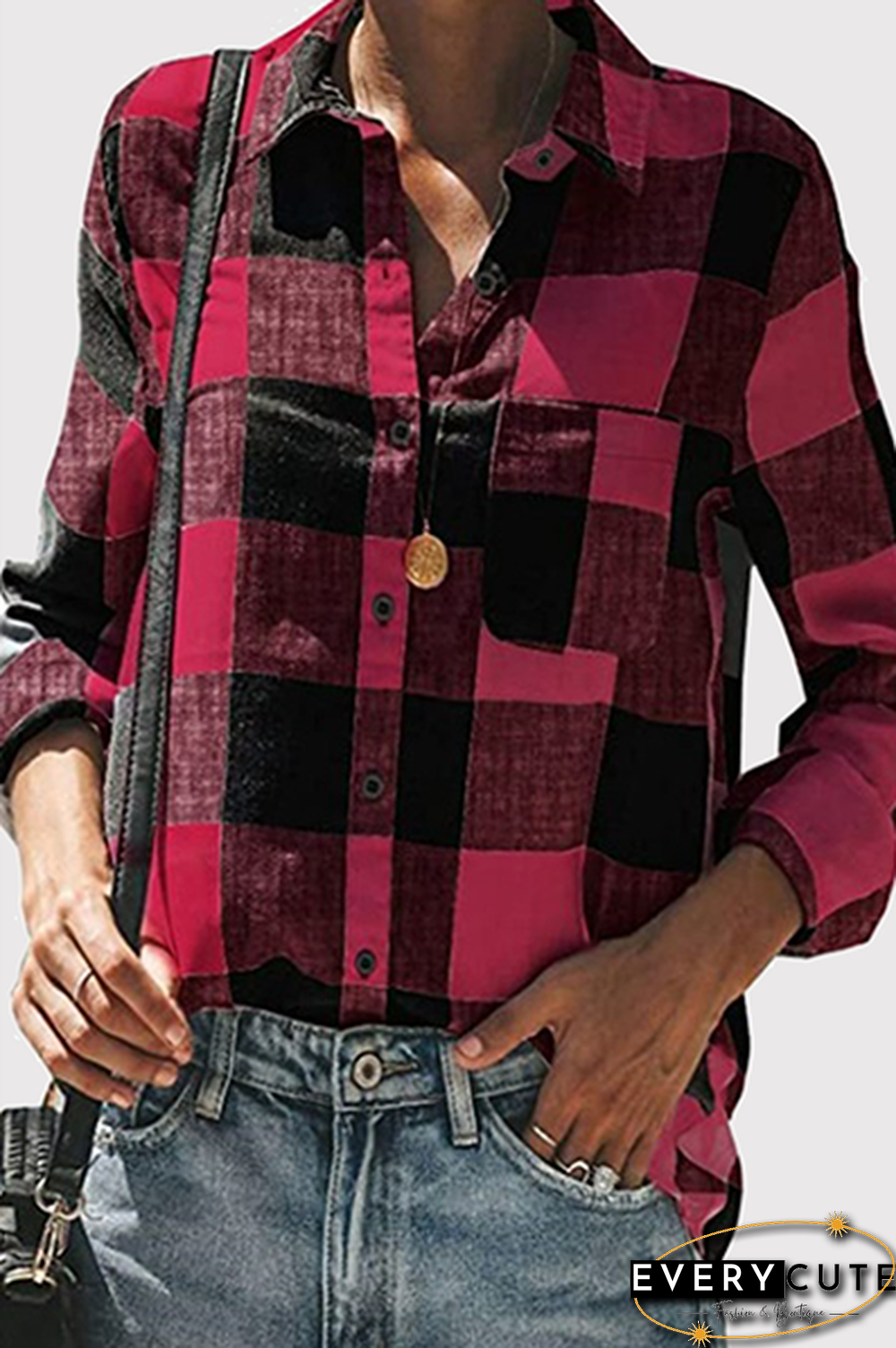 Casual Plaid Pocket Buckle Turndown Collar Tops