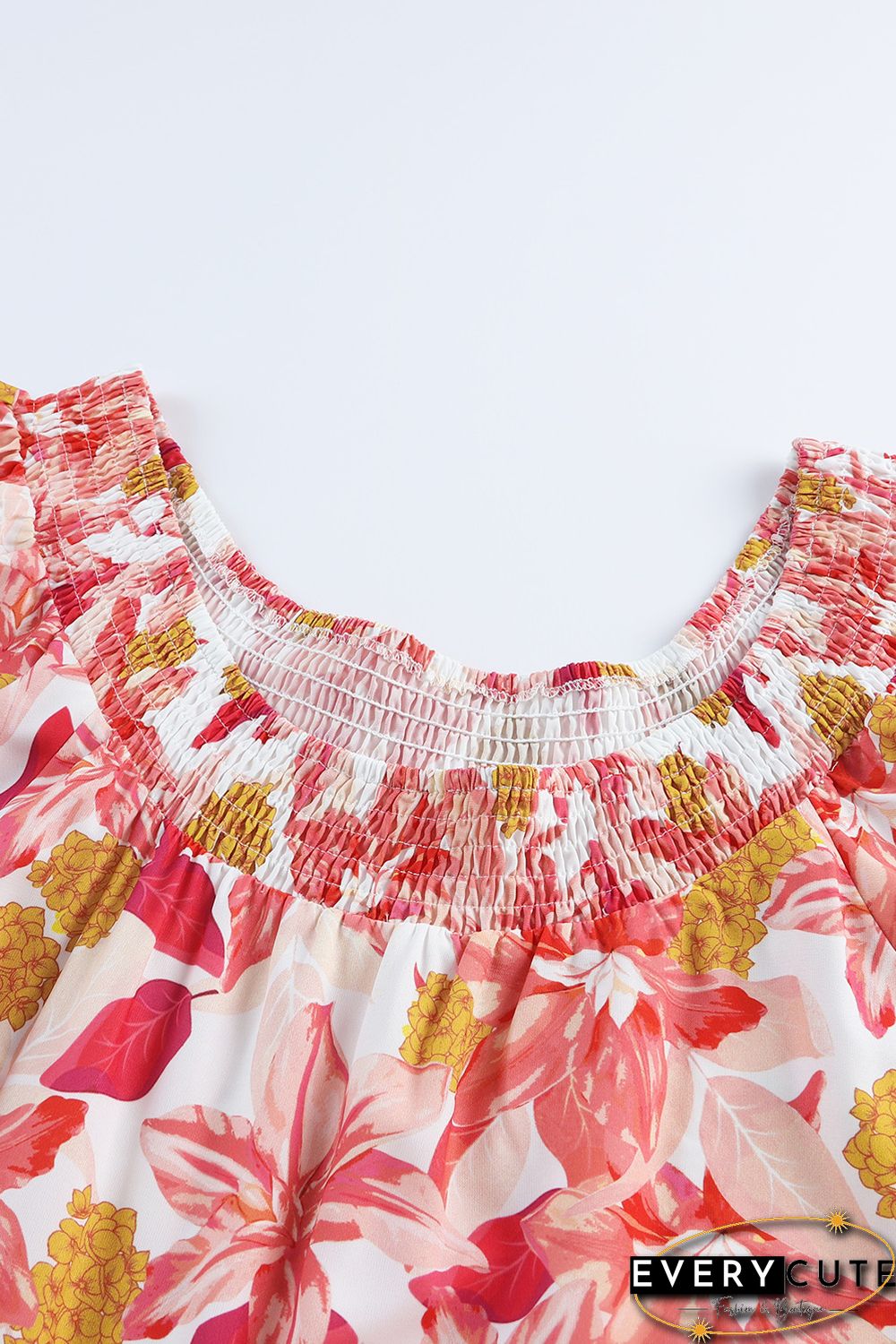 Orange Floral Print Shirred Ruffled Sleeveless Plus Size Dress