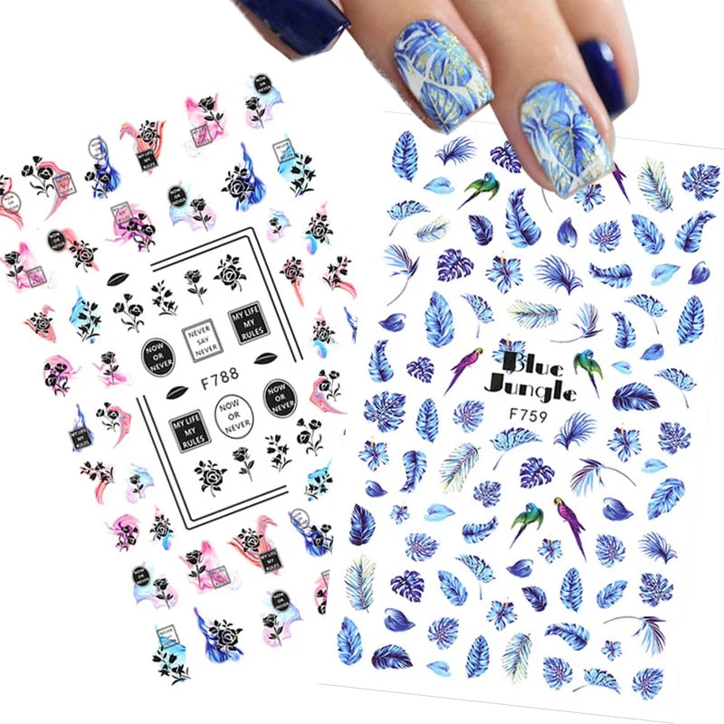 1 Sheet Blue Green Leaves Nail Foil Stickers Autumn Gold Flower Leaves Transfer Decals Slider Nails Art Decoration DIY Manicures